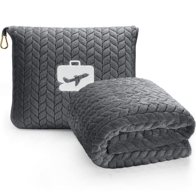 EverSnug - Manta de viaje premium, suave manta de avión 2 en 1 con bolsa suave, funda de almohada, funda para equipaje de mano y clip para mochila (gris)