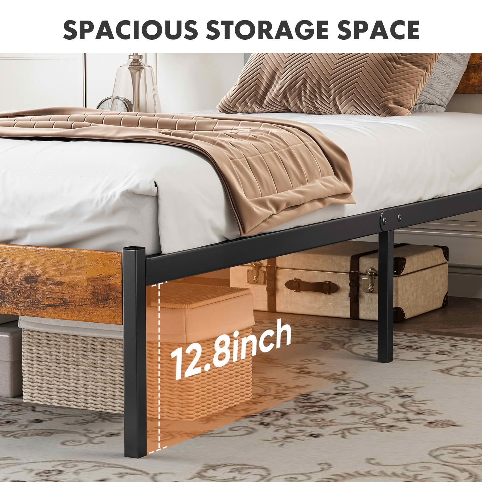 MAYEERTY Sturdy Metal Bed Platform with Wood Headboard Footboard, 12.8” Under‑Bed Storage, 800 Lbs Wooden Slat Support, Noise Free for Bedroom Use