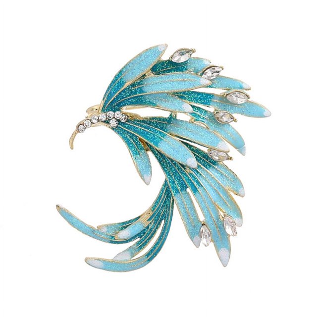Broche esmaltado con diamantes degradados TUNC elegante ramillete de plumas azul 3,7*4,1 cm