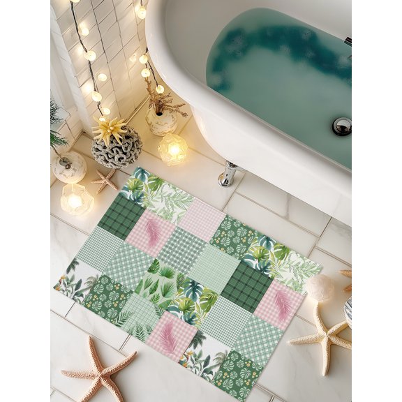 Doormat Green Botanical Patchwork Front Door Mat Non Slip Absorbent Low Profile Floor Mat Tropical Palm Leaves Plaid Welcome Mats Entryway Rug for Entrance Kitchen Porch Home Decor 16"x24"