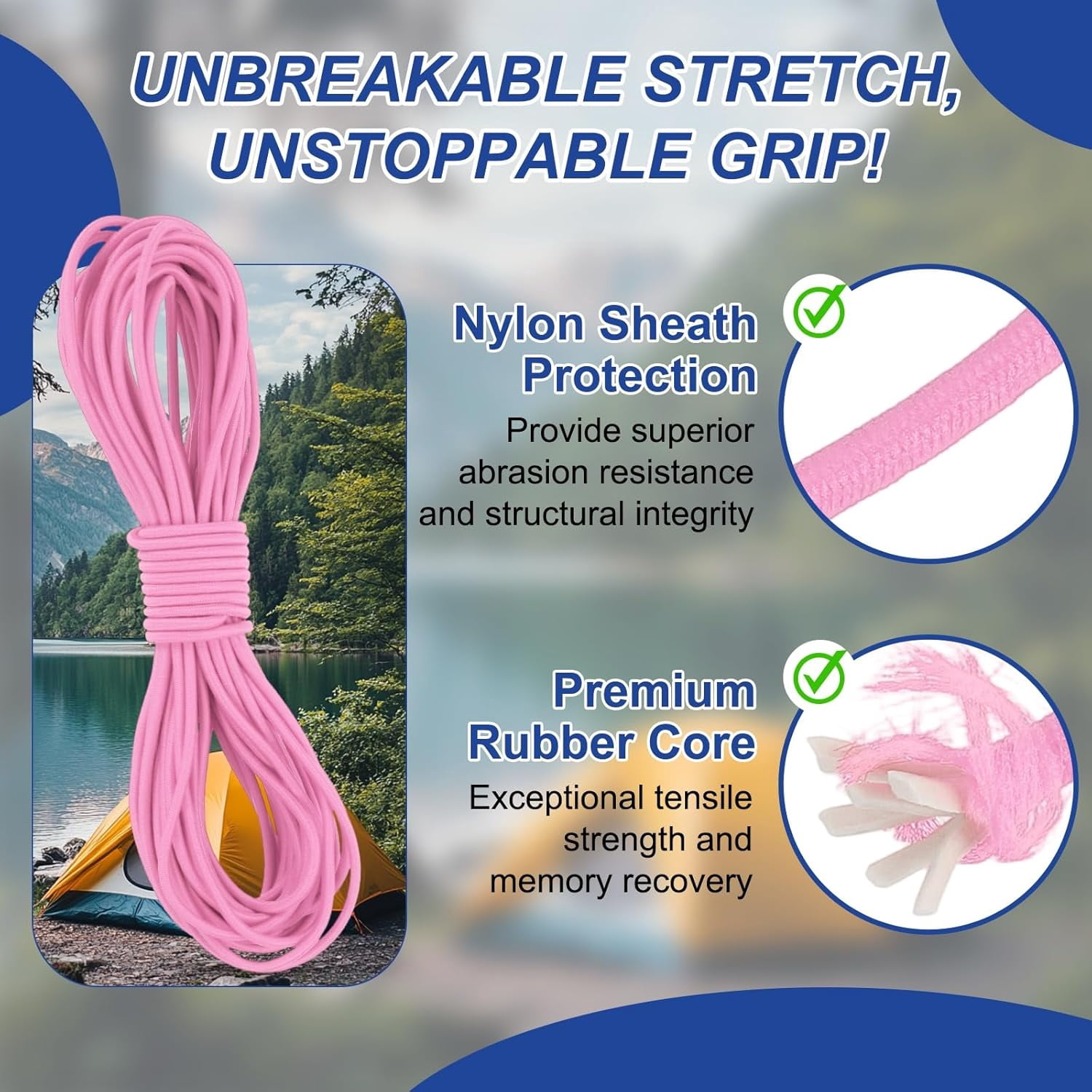 MKEUDQ-1/8" x 33' Elastic Bungee Cord, Bungee Shock Cord Kayak Stretch String Rope for Camping Tent Bike Tie Down Kayaking Boating Repairing Poles DIY Canopy Patio, Pink