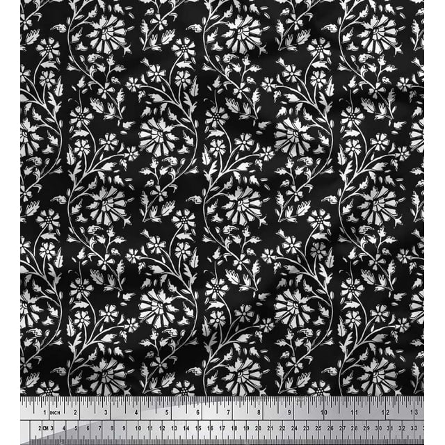 Soimoi Polyester Crepe Fabric Leaves & Floral Block Print Fabric by The Yard 52 Inch Wide