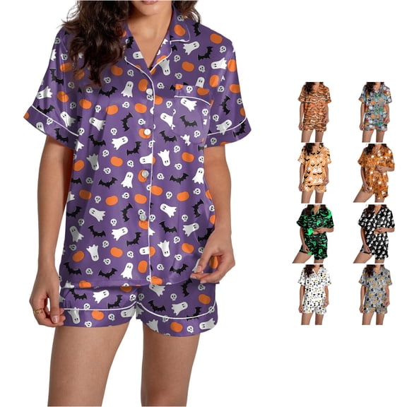 Weebloom Halloween Womens Pajamas Two Piece Outfits Cat Print Short Sleeve V Neck Shorts Set Sleepwear Nightwear Pjs Loungewear White L