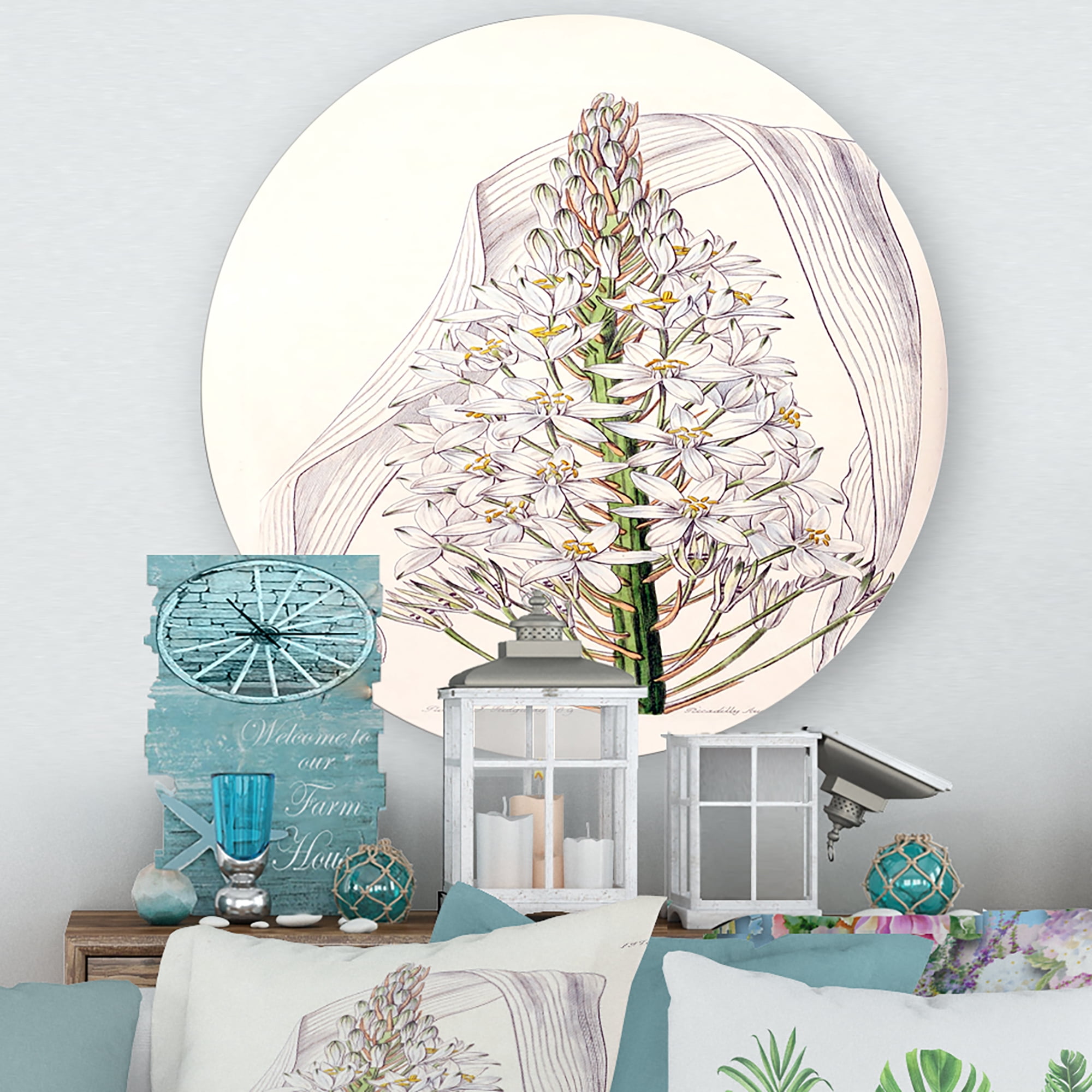 Designart 'White Vintage Orchid I' Traditional Circle Metal Wall Art 23x23 - Disc of 23