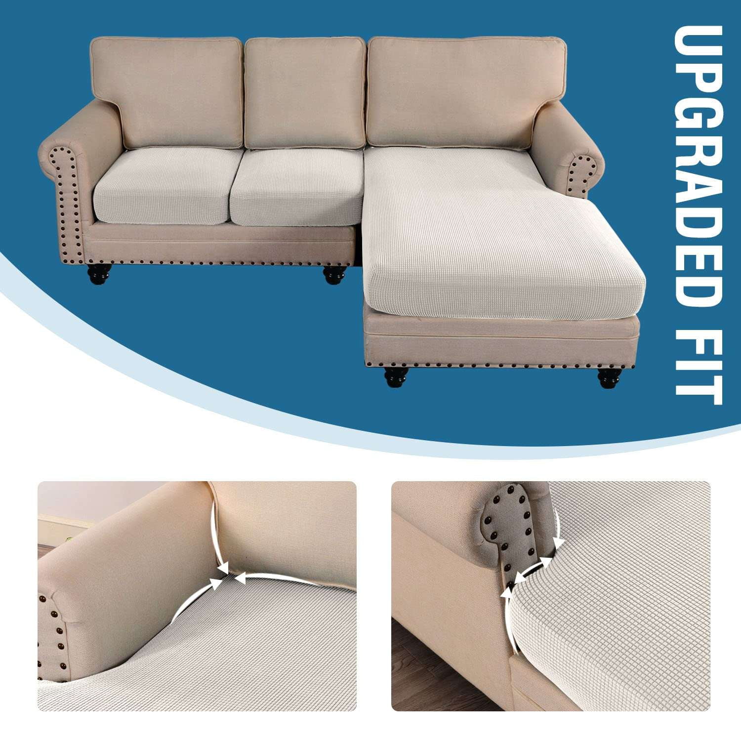 Turquoize 3-Piece Separate Slipcovers Textured Grid Polyester Blend Sectional Couch Sofa Covers for Left/Right L Shape Chaise Lounge Sofa, Ivory 2 Seater + 1 Chaise