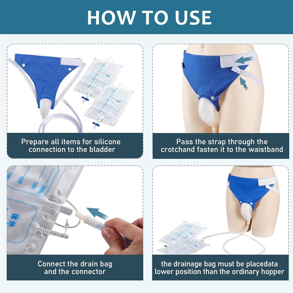Duslogis Wearable Urine Collector with 1000ml & 2000ml Urine Collection Bags 1.5M Catheter and Dual Capacity Bags, Includes Breathable Cotton Pants Leak Proof Anti Reflux for Men Blue