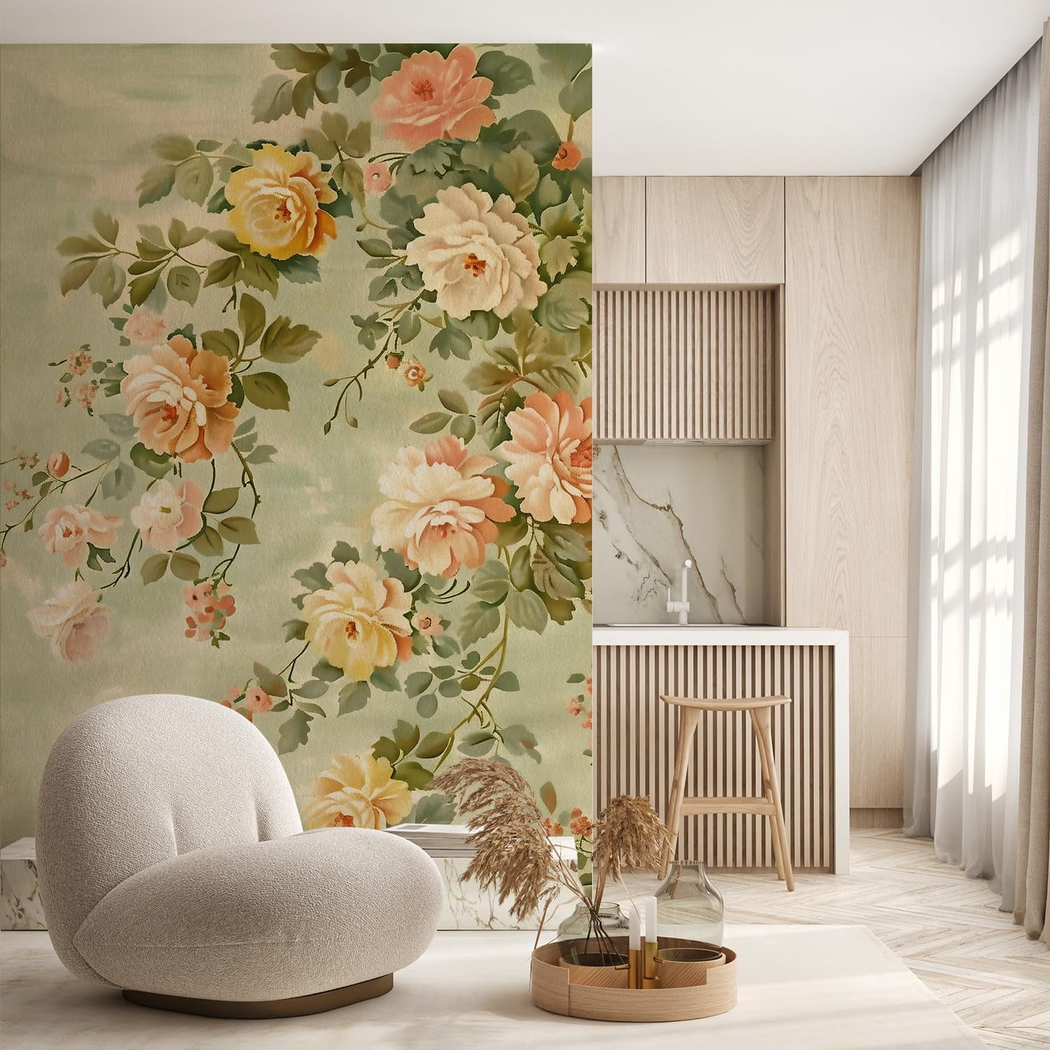 Idea4wall 2pcs Vintage Floral Elegant Blooming Roses Watercolor Wall Murals, Not Peel and Stick, Non-Woven Wallpaper Large Wall Decoration for Rooms, 48"x72"