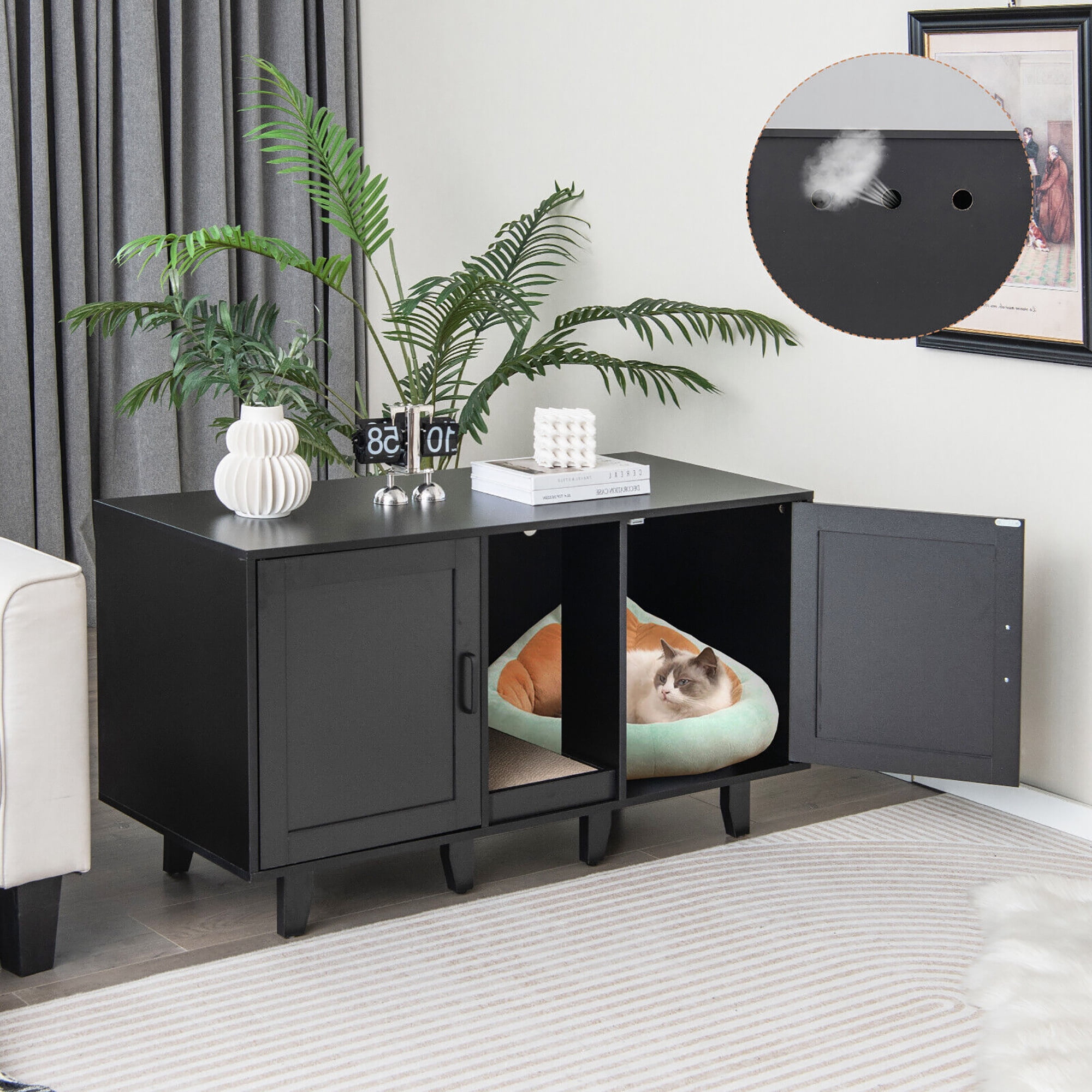 Gymax Cat Litter Box Enclosure TV Stand Cabinet Hidden Cat House Washroom W/ 2 Doors Patented