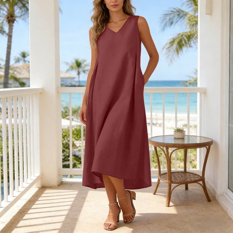 red v-neck dress knee length Rggeeun Womens Dresses Solid Color Sleeveless Wide Straps Waist Draping Knee-Length Loose Fit Soft Breathable Lightweight For Summer Beach Cozy Dress,Brick Red,Xxl size_6