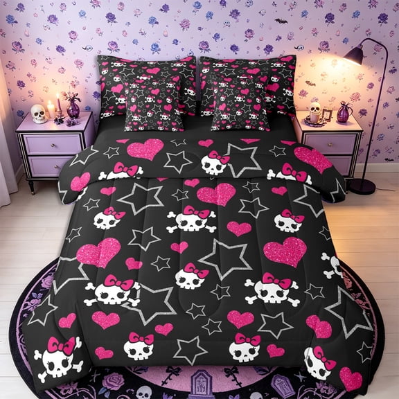 Castle Fairy Y2K Cute Skull 7-Piece Twin Bedding,Bow Skeleton Glitter Heart Star Bedding Comforter Set,Pink Black,Black Reversible