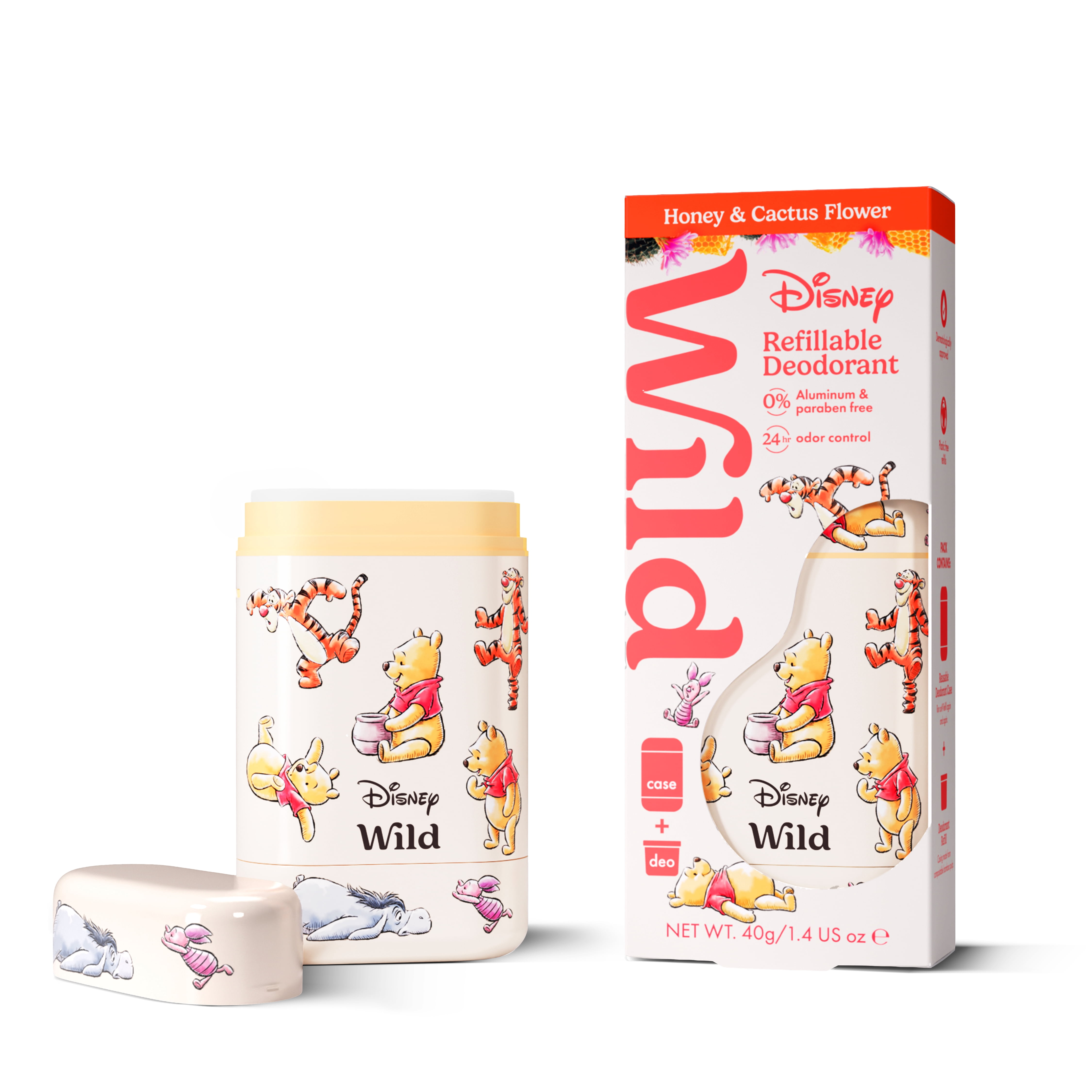 Wild Refillable Deodorant Starter Pack - Aluminum Free. Winnie The Pooh Case + Honey & Cactus Refill, for Women and Men, 1.4oz