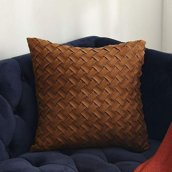Nvzi Basket Weave Pattern Decorative Throw Pillow Cover Super Soft Suede Solid Square Accent Cushion Case for Couch Sofa Car (Brown,18"x18")