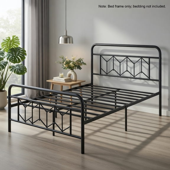 Topcobe Platform Bed with High Headboard and Snap Lock Metal Slats, Bed Frame, Indoor Furniture for Bedroom-Full Size