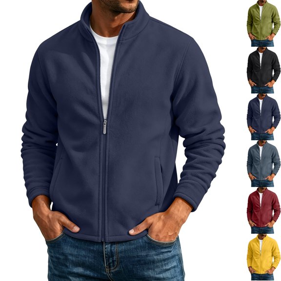 Mens Thermal Polar Fleece Jacket Casual Full Zip Stand Collar Warm Winter Sweatshirt Layering Coat for Golf Hiking Travel Work with Zip Pockets, Dark Blue, XXXL