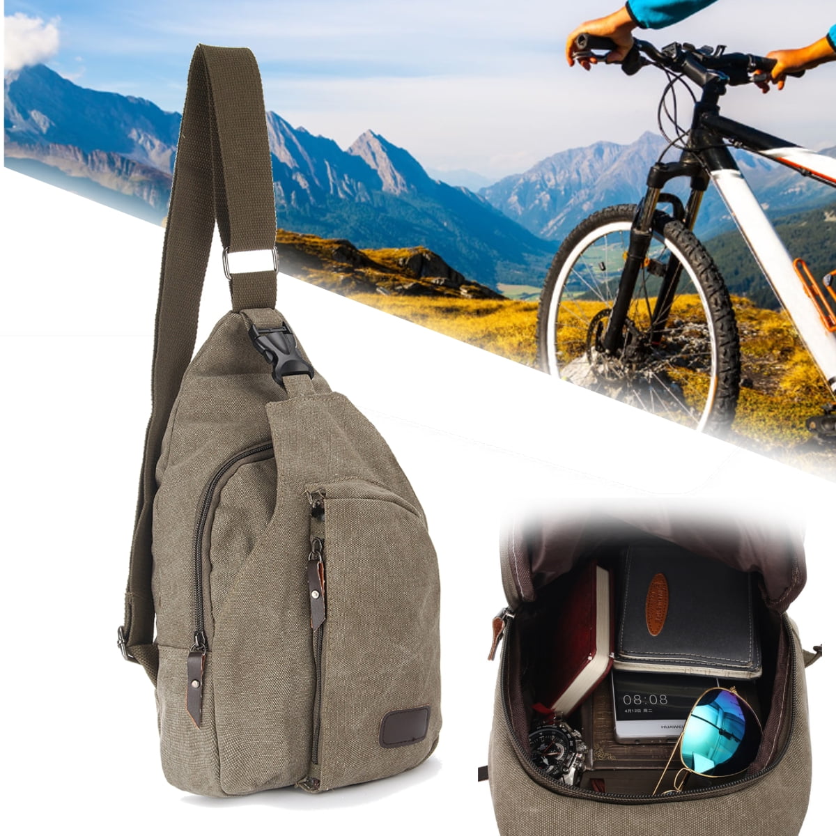 Men's Vintage Canvas Chest Bag Shoulder Bag Bicycle Hiking Travel Sling Backpack 