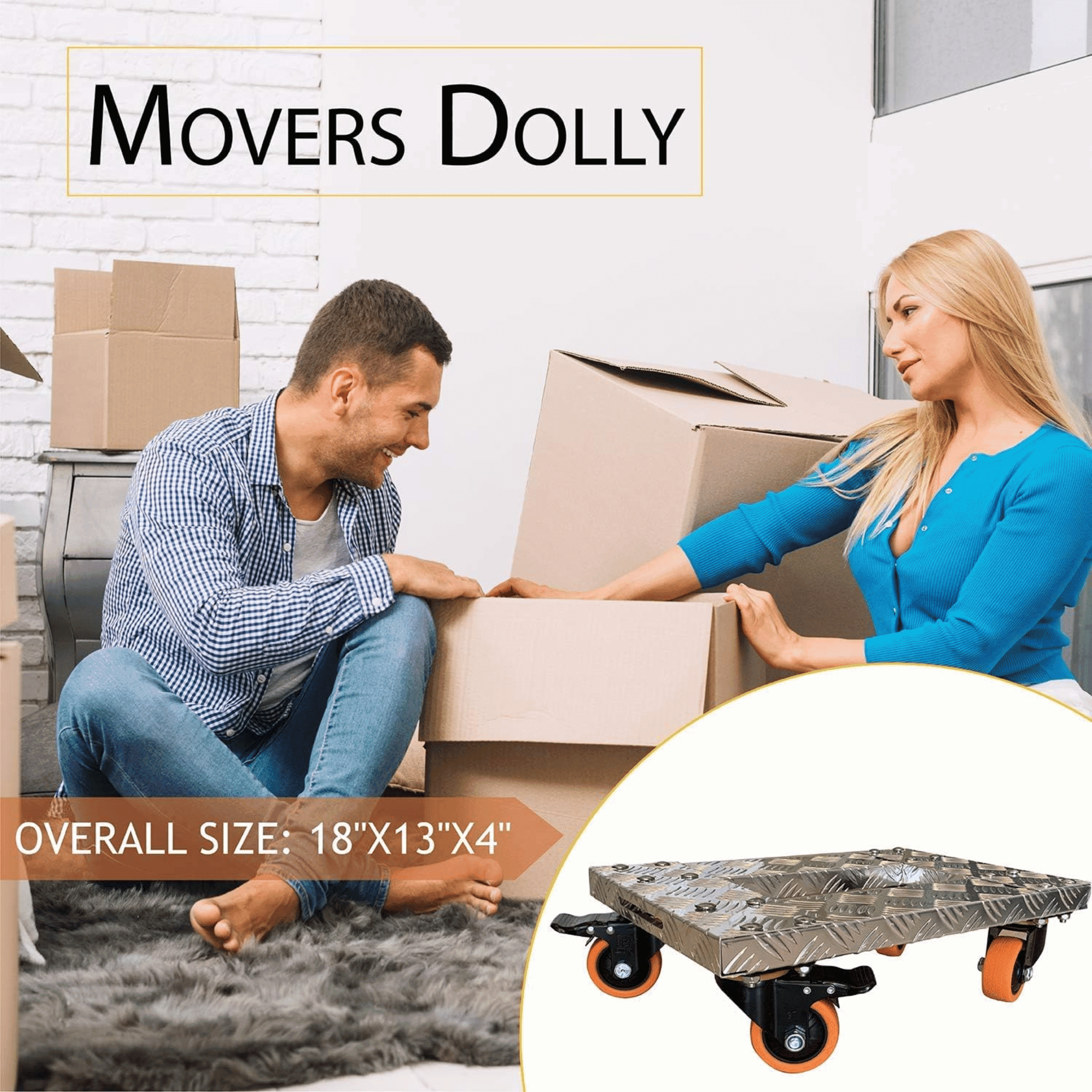 Heavy Duty Furniture Dolly, 18" x 12" Aluminum Moving Cart with 3" TPU Swivel Casters & Brakes, 800 lbs Capacity