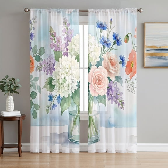 Elegant Flowers Sheer Curtains 72 Inch Length 2 Panels Set, Farmhouse Spring Floral Watercolor Voile Window Treatment Rod Pocket Curtains Sheers Drapes for Bedroom/Living Room/Kitchen 52"x72"x2