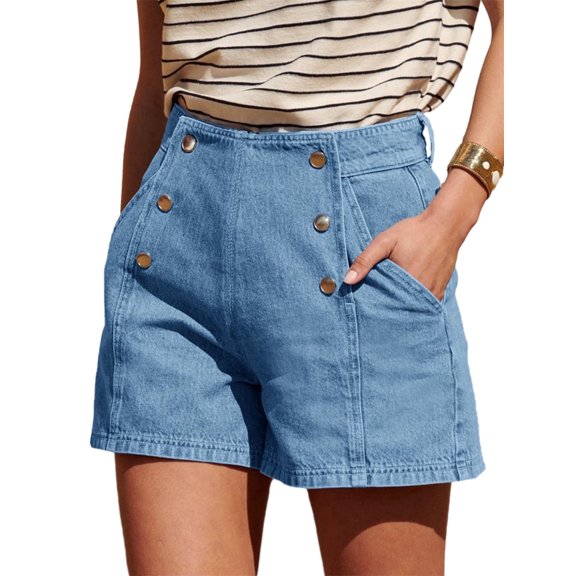 Loose Retro Double Breasted Women's High Waisted Casual Summer Denim Shorts with Pockets
