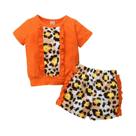 

IROINNID Toddler Girl s Short Sleeve Leopard Printed Ruffle Tops Shorts Sport Outfits