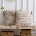 thumbnail image 1 of ZECATL Beige Throw Pillow Covers: 2 Pack 18x18 Inch Boho Striped Cotton Linen Rectangular Decorative Pillow Cases with Tassels for Farmhouse Couch Sofa Chair, 1 of 8