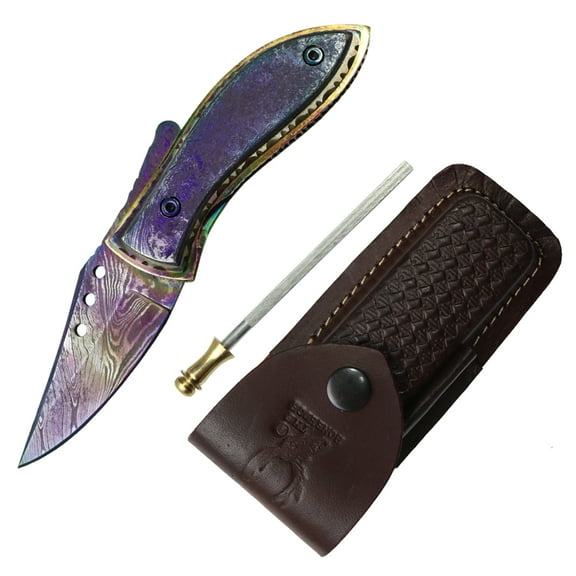 TheBoneEdge 7" Multi Color Damascus Blade Folding Knife Hand Made With Pouch