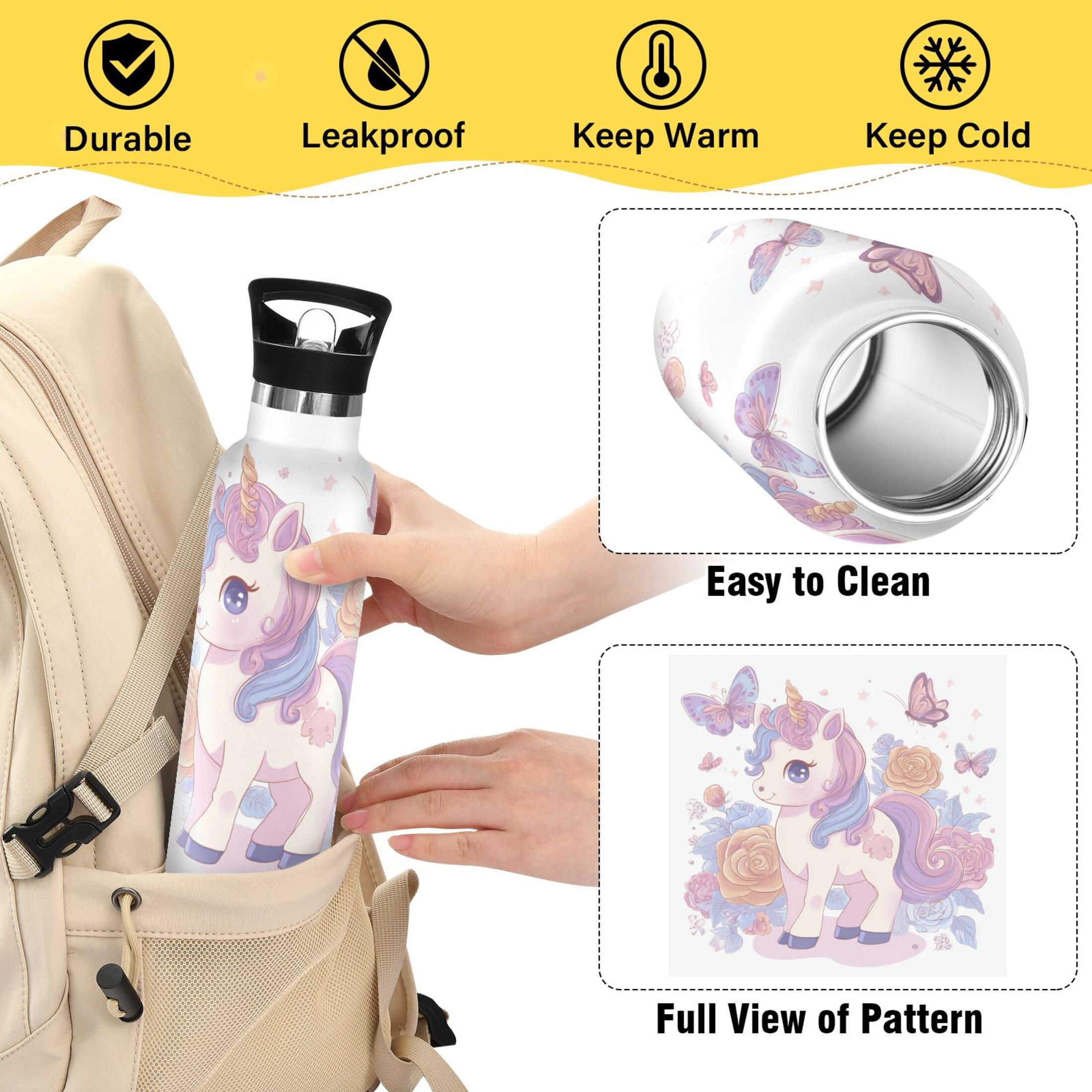 Kids Insulated Stainless Steel Sports Water Bottle 600ml (20oz) Pastel Colors Unicorn