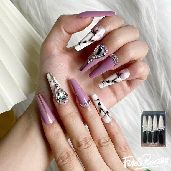 Christmas Decoration Fofosbeauty 24pcs Press on False Nails, Long Coffin Fake Nails, Shine Stone Rosy Marble