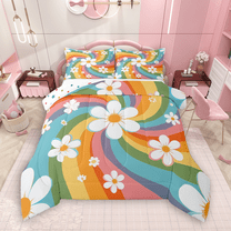 Manfei Groovy Flower Bedding Comforter Set 2pcs for Girls, Cartoon Rainbow Twin Comforter Sets, Cute Floral Bedding Set Super Cozy Room Decor