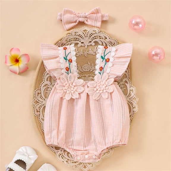 MEZZALL Bodysuits Baby Girl Summer One-Piece Plaid Flower Embroidery Ruffled Flying Sleeve Romper With Bow Headband 2 Pcs Set Square Collar Classic Back To School Onesie