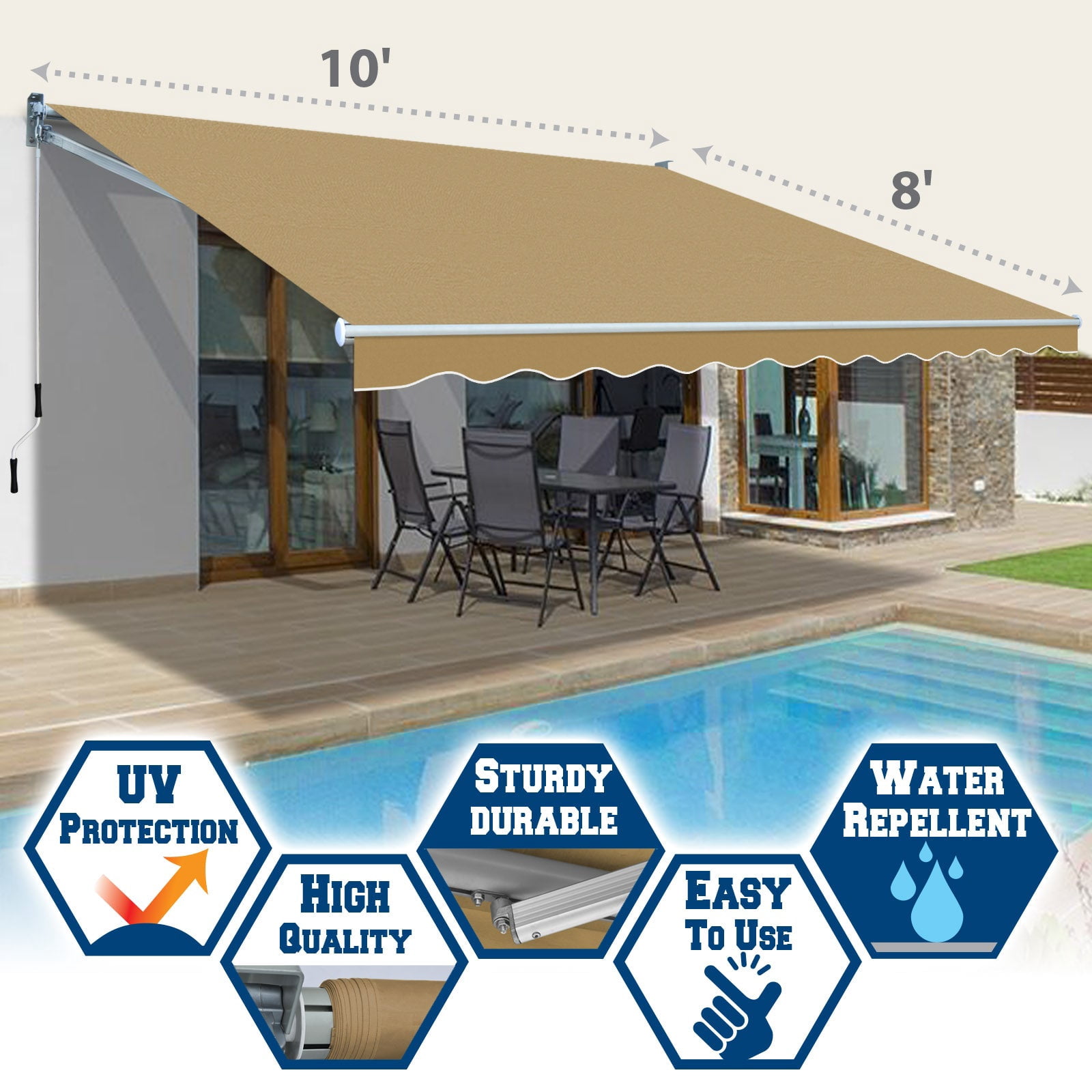 SUNNYOUTDOOR 10x8 FT Patio Awning Retractable Outdoor Sun Shade Manual Patio Deck Awning Heavy Duty Awning (Tan)