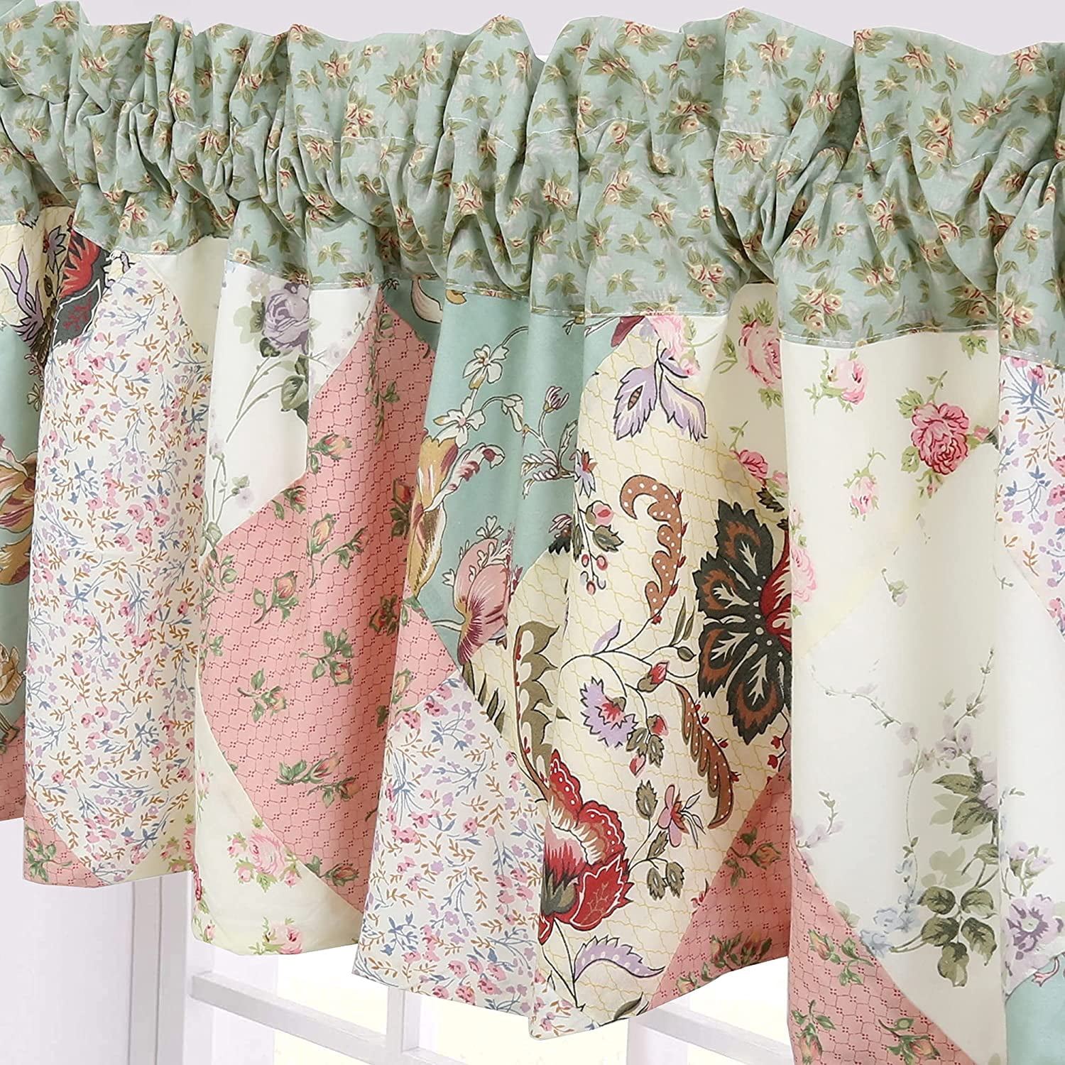 Cozy Line Home Fashions Country Cottage Floral Blue Pink Real Patchwork Rod Pocket Window Valance, 16" x 56"