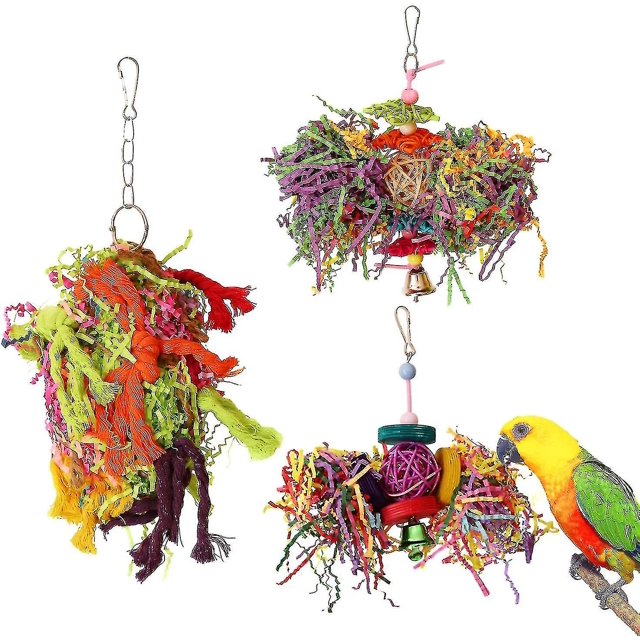 Juguete para masticar pájaros, jaula para loros, trituradora de papel, juguete para forrajeo, juguete colgante, loro, loro, gris africano (paquete de 3)