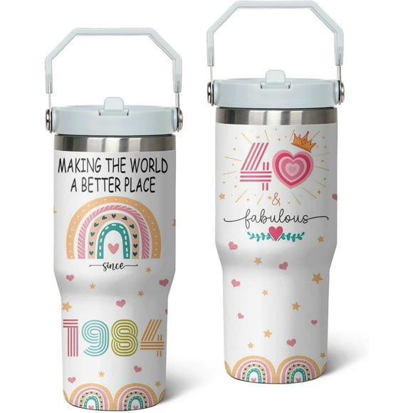 40th Birthday Gifts Cup, 30 Oz Stainless Steel Tumbler with Handle & Straw, 40 Year Old Birthday Gifts for Women Coffee Mug, 40th Birthday Decorations for Women, Happy 40th Birthday Gifts for Women