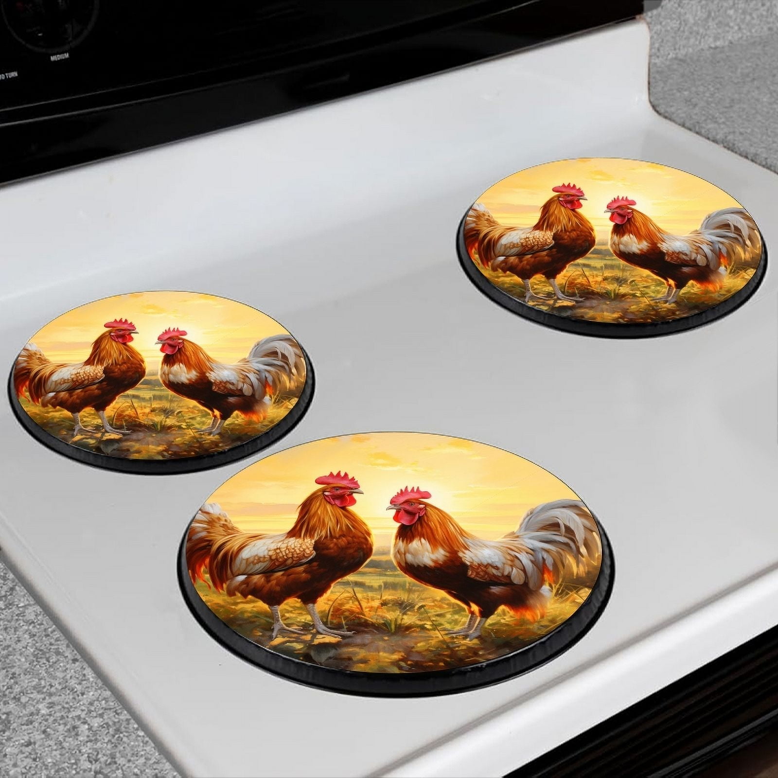 Bahomeck Gas Stove Burner Cover Set Of 4,Roosters In The Morning Sun With Beautiful Field Metal Electric Stove Burner Covers,Protecting Gas Stoves,Kitchen Decor，8 Inch And 10 Inch