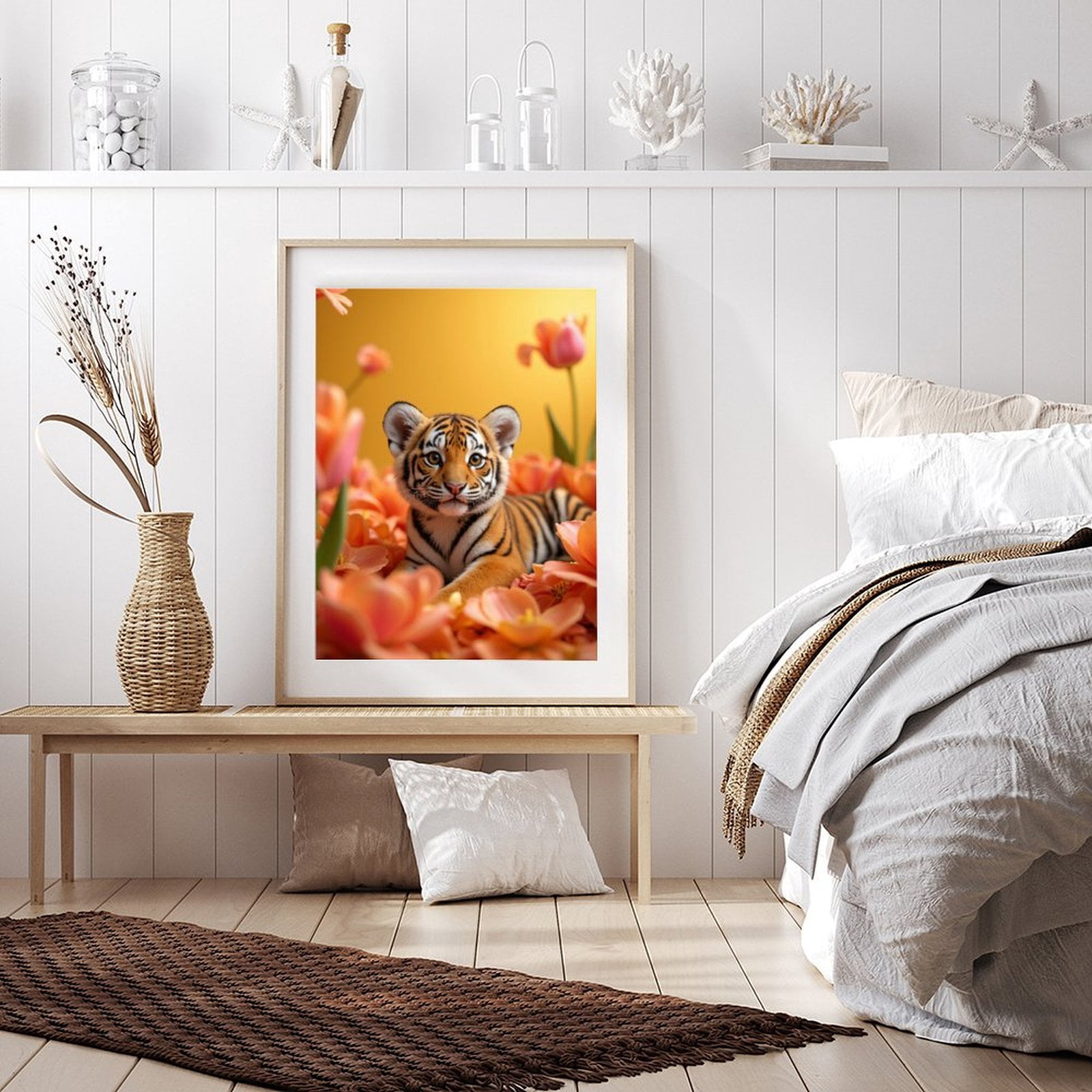 Diamond Art Kit for Adults, Tiger Cub Among Orange Tulips Diamond Painting for Adults Beginners, DIY Diamond Art Painting Kits, 5D Diamond Painting Crafts for Home Decor 12x16 Frameless