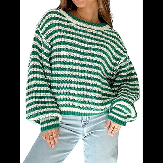 Suéter Vintage A Rayas para Mujer, Cuello Redondo, Larga, Corte en Bloque de Color, Informal, Holgado, de Punto Verde L