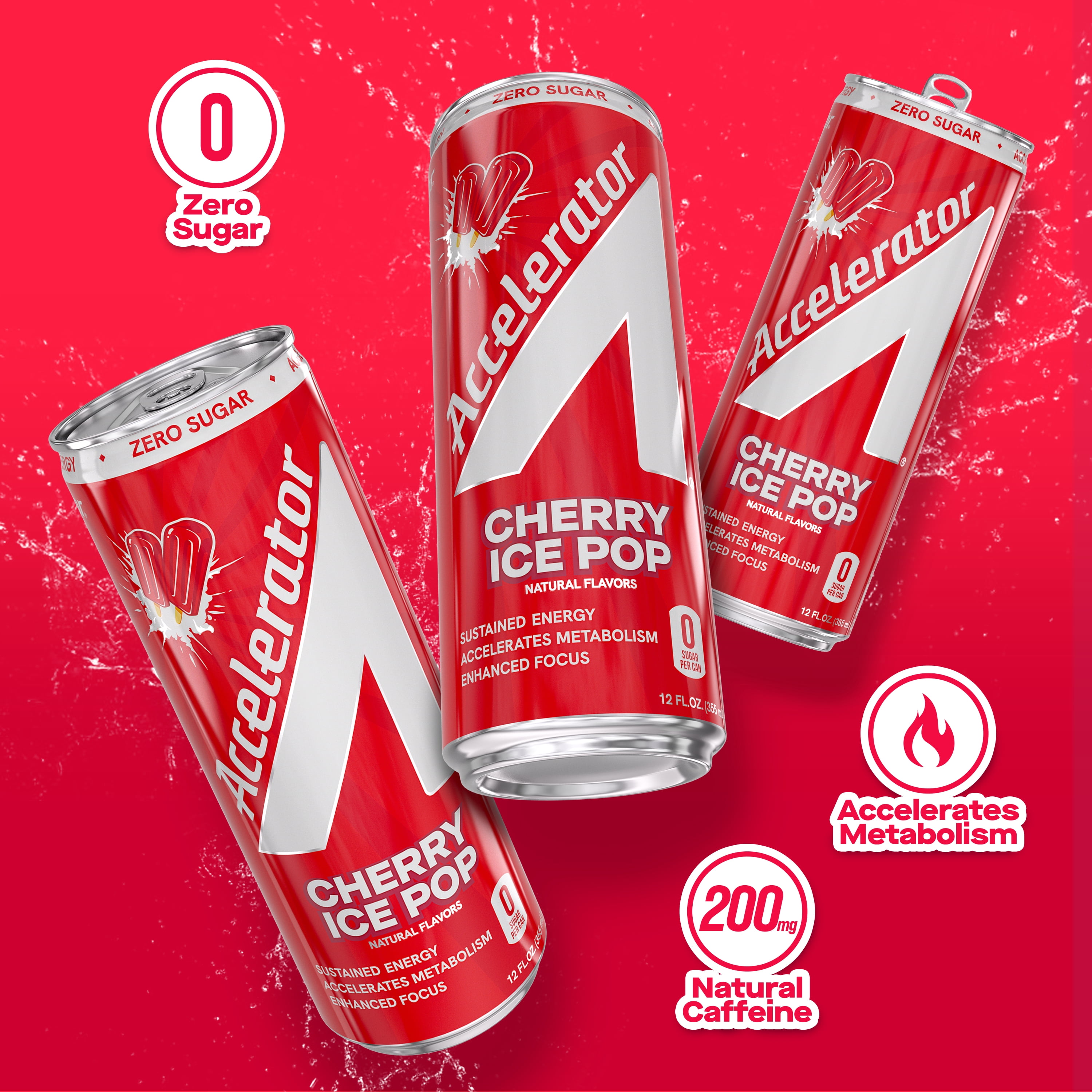 Accelerator Energy Drink, Cherry Ice Pop 12 fl oz can (12 pack), Zero Sugar, Sustained Energy from 100% Natural Caffeine (200mg from Green Coffee Bean & Green Tea extract)