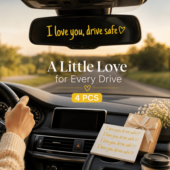 "I You Drive Safe" English Heart-shaped Rearview Mirror Sticker - Adorable Heart Design for Car Decor, Reminds of Safe Driving, Easy to Apply & Remove, for Car Use, Cute Car Accent, Yellow, 4pcs