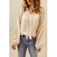 thumbnail image 1 of Women's Beige Leopard Mesh Bubble Sleeve Split Neck Blouse, 1 of 5