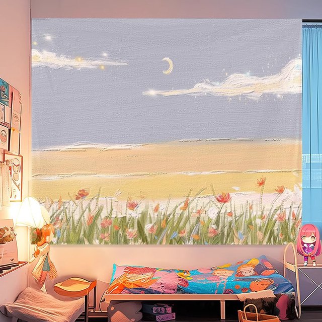 Tapiz estético para colgar en la pared con cielo y campo de flores, 150 x 130 cm