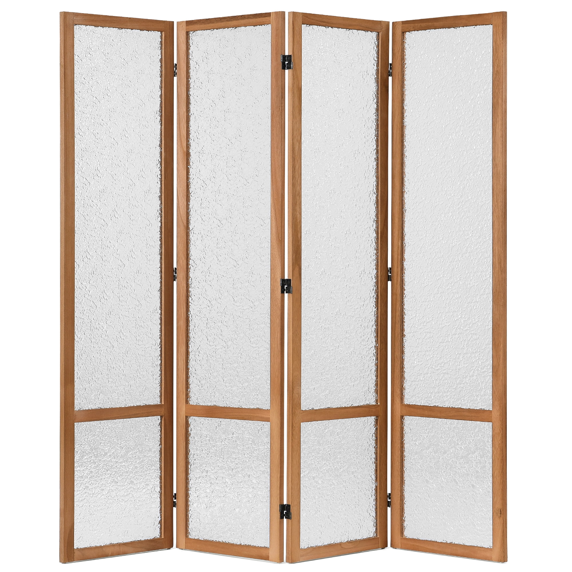 Jostyle 4 Panel Acrylic Room Divider Privacy Screen Translucent Folding Partition with Paulownia Wood Frame Natural, Shatterproof & Space-Saving for Living Room, Bedroom, Office