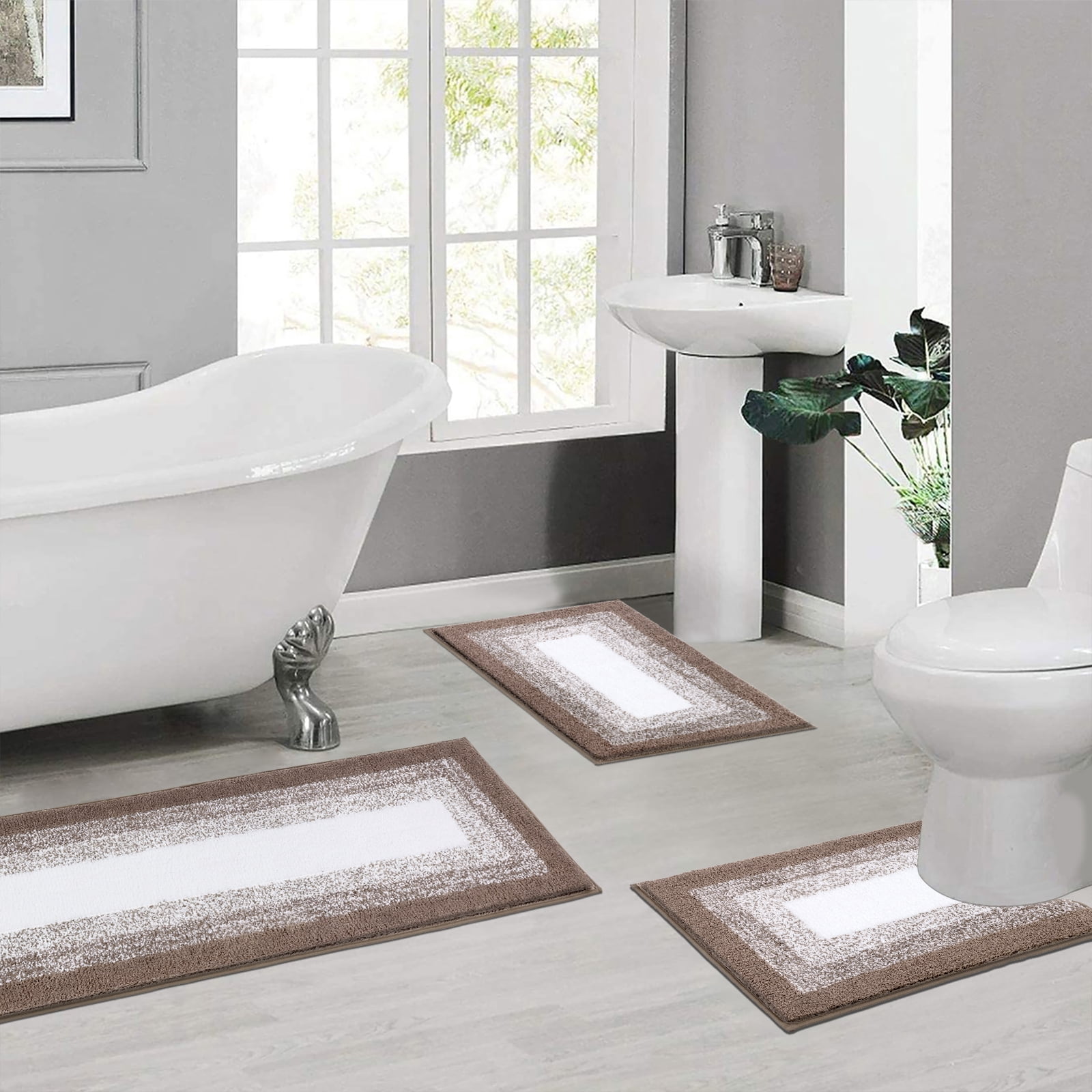 Ileading 3 Piece Bath Rug Set Microfiber Washable Non Slip Bathroom Rug and Mat Set, Coffee