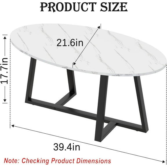 Small Oval Coffee Table White Faux Marble Living Room Center Table with Black Metal