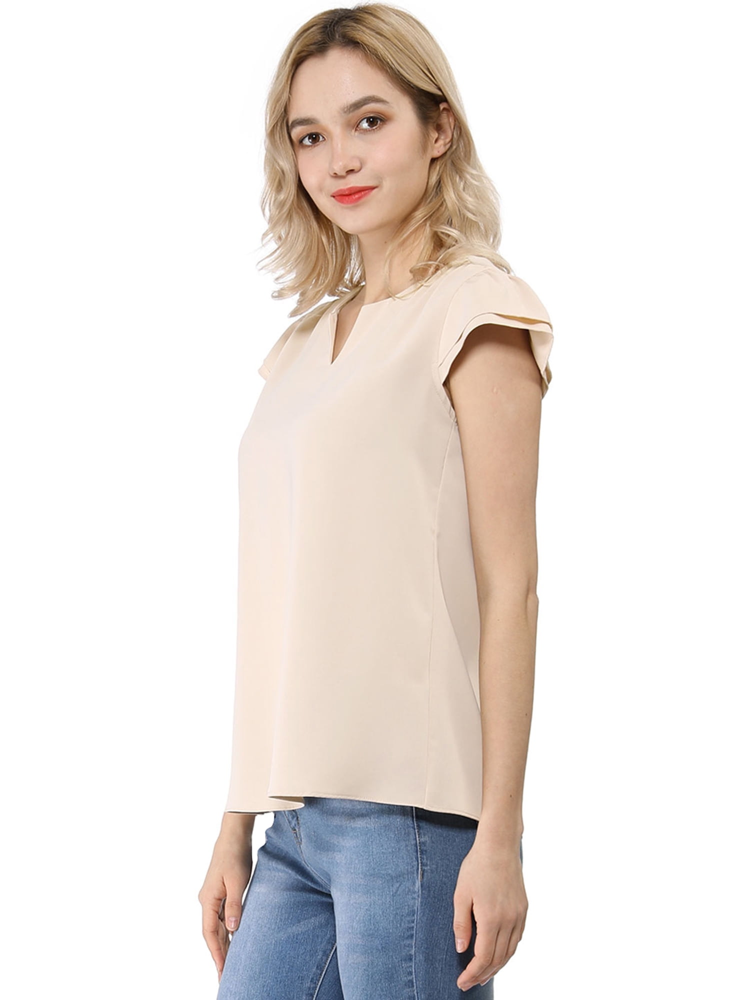Unique Bargains Women's V Neck Casual Plain Cap Sleeve Basic Blouse