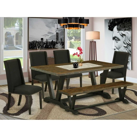 East West Furniture 6-Pc Dining room Table Set-Black Linen Fabric Seat and High Stylish Chair Back Parson chairs, A Rectangular Bench and Rectangular Top Kitchen Table with Wooden Legs -...