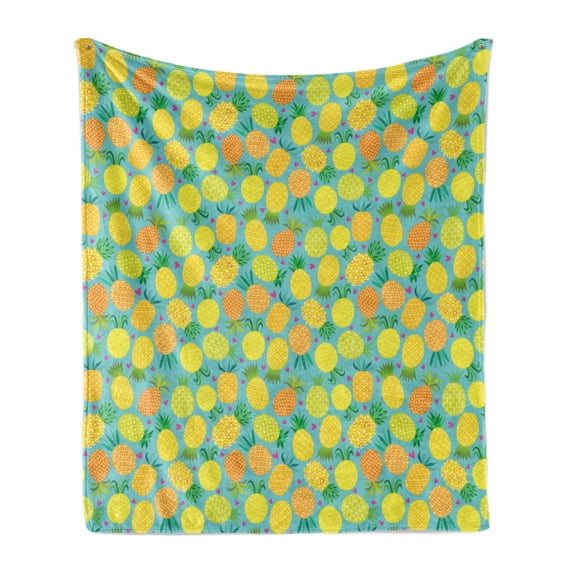 Cartoon Soft Flannel Fleece Blanket, Abstract Hearts Stars Scales and Rhombuses on Pineapples Exotic Fruit Illustration, Cozy Plush for Indoor and Outdoor Use, 50" x 60", Multicolor, by Ambesonne