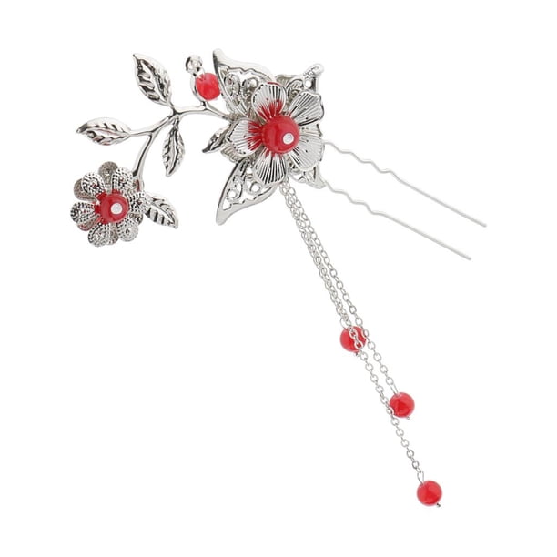 Prettyia borla flor chino Cosplay Drama pelo Clip U Pin Pick rojo Zulema Palo chino antiguo
