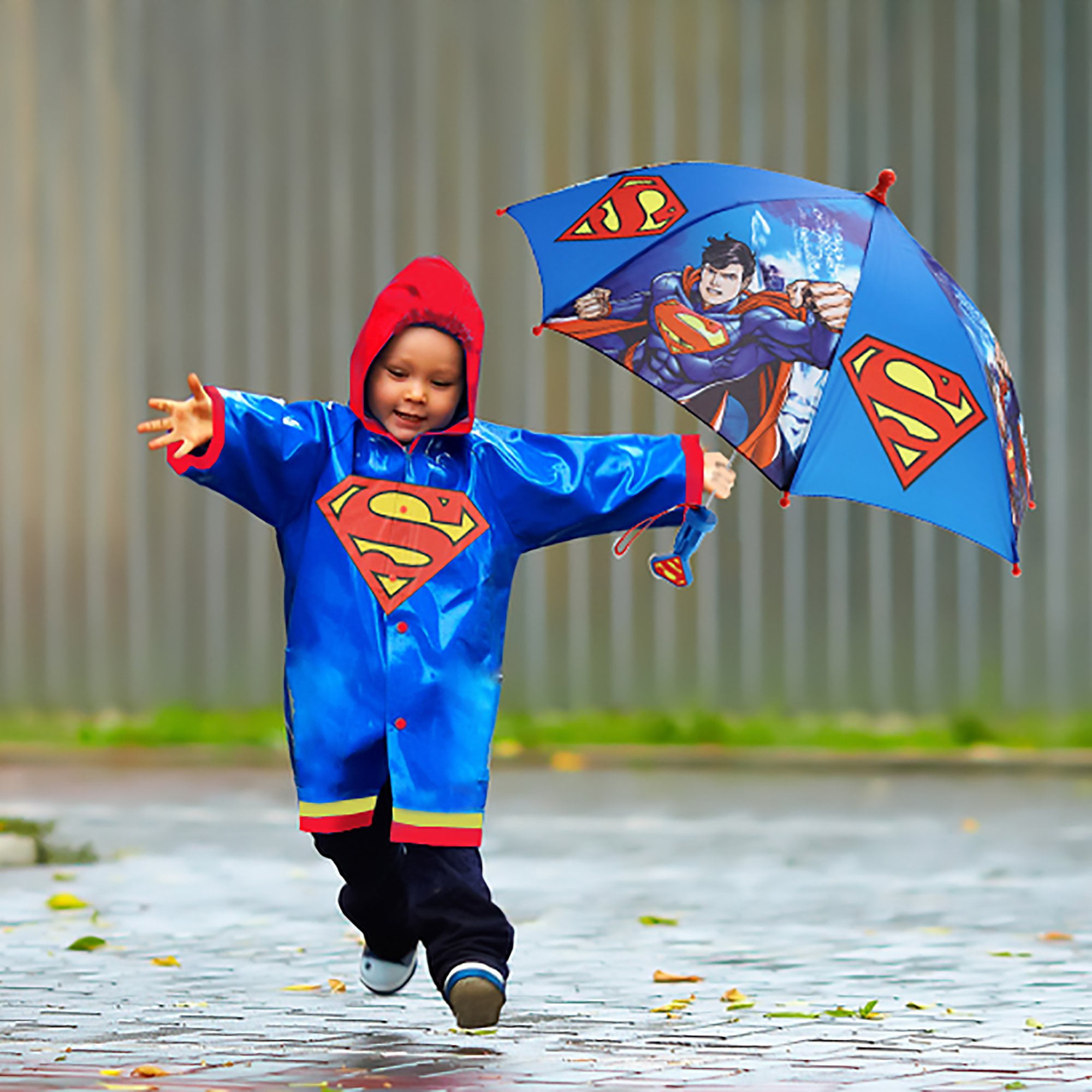 DC Comics Little Boys Batman or Superman Slicker and Umbrella Rainwear Set Grey Batman 