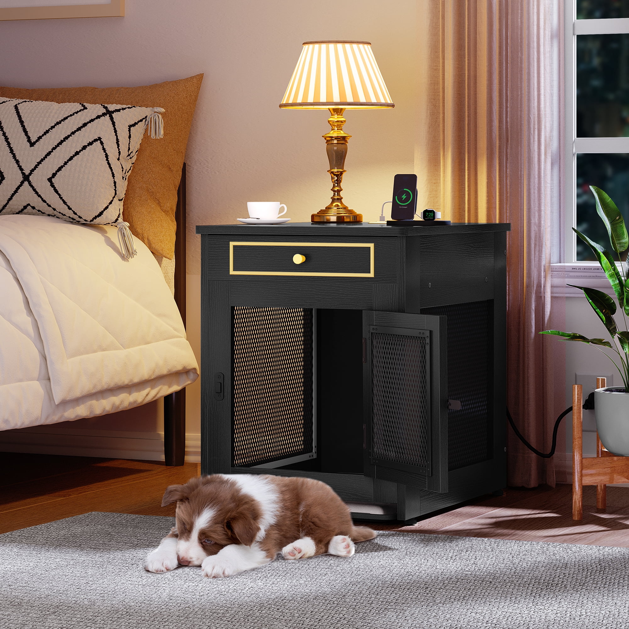 Dextrus Wooden Dog Kennel End Table with Dual USB Charger, Dog Crate Furniture, Drawer for Small Dogs Under 25 lbs Indoor Use, Black