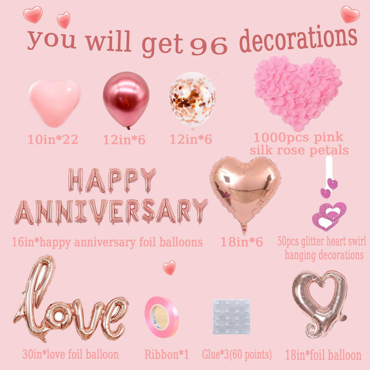 NestE - Anniversary Decorations, Happy Anniversary Balloons Banner, Pink Heart Balloons Heart Hanging String Pink Rose Petals for Wedding and Valentines Day Romantic